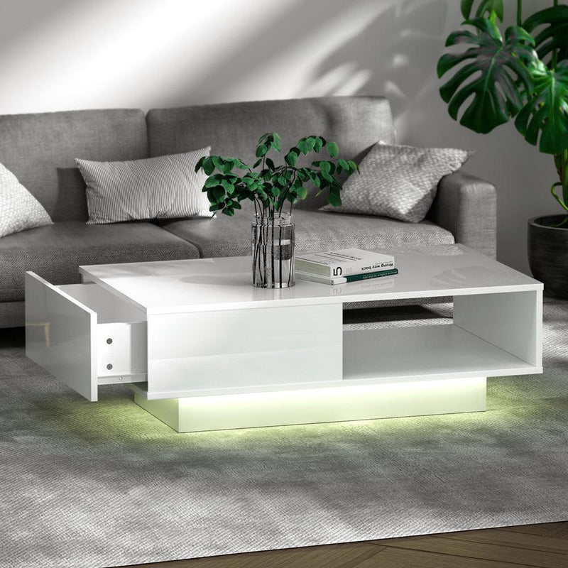 Artiss Coffee Table LED Lights High Gloss Storage Drawer Modern Furniture White - John Cootes