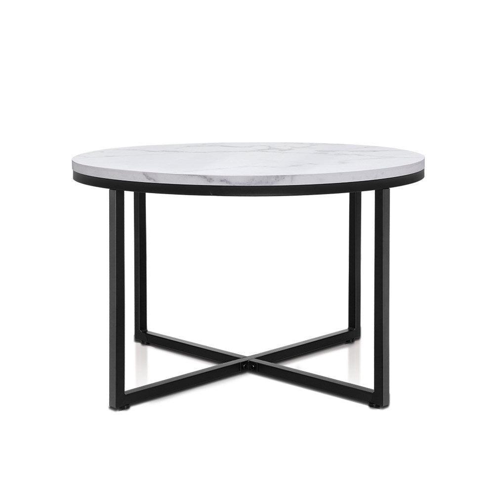 Artiss Coffee Table Marble Effect Side Tables Bedside Round Black Metal 70X70CM - John Cootes