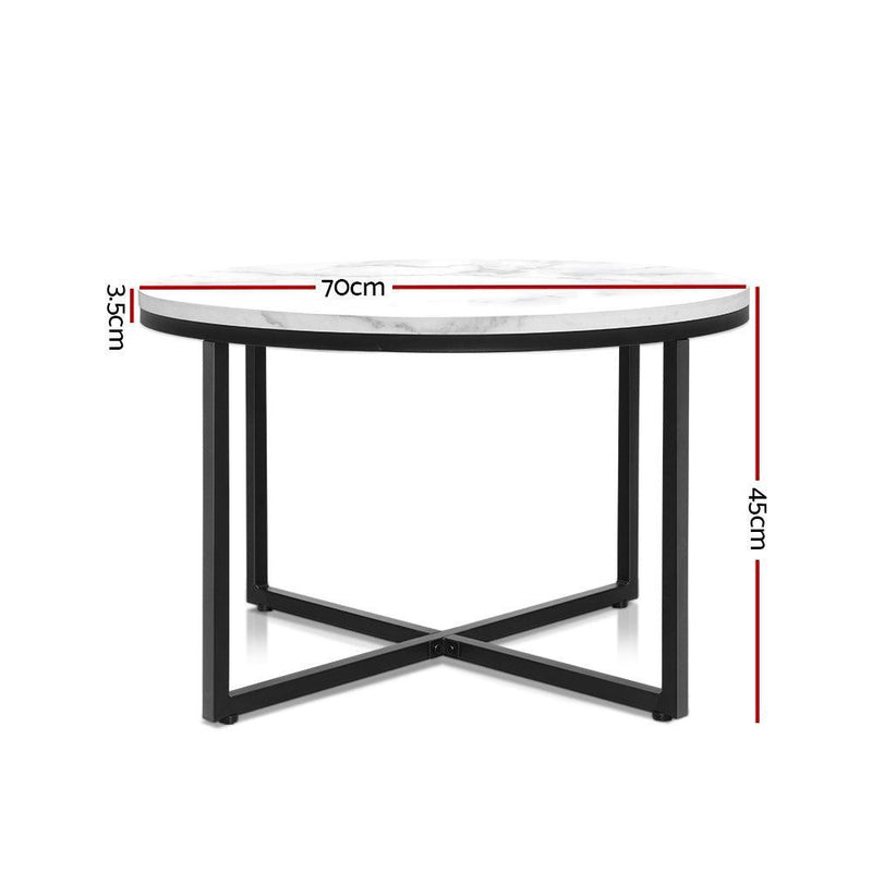 Artiss Coffee Table Marble Effect Side Tables Bedside Round Black Metal 70X70CM - John Cootes