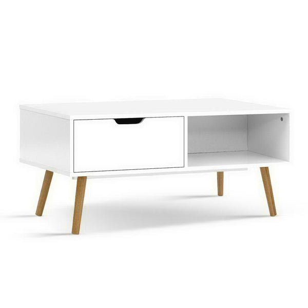 Artiss Coffee Table Storage Drawer Open Shelf Wooden Legs Scandinavian White - John Cootes