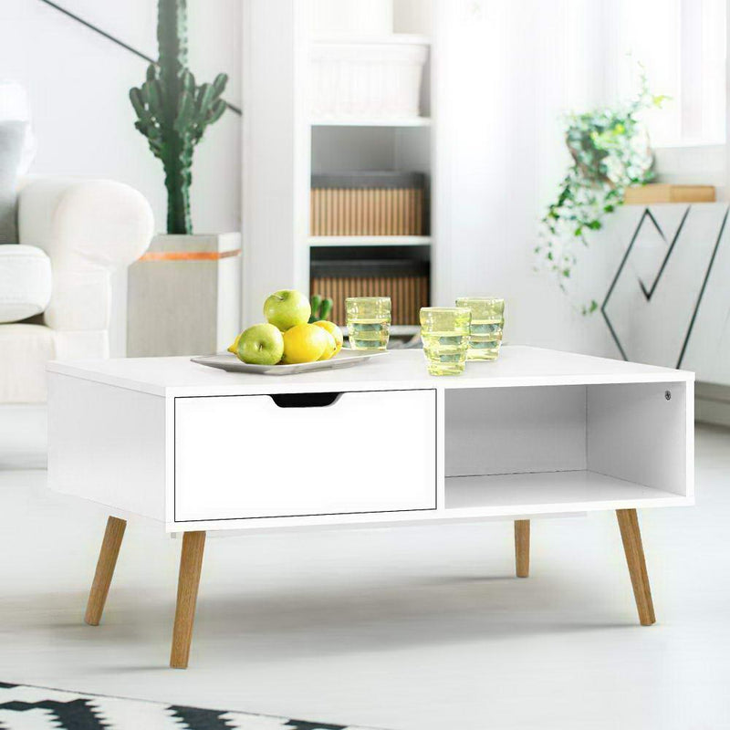 Artiss Coffee Table Storage Drawer Open Shelf Wooden Legs Scandinavian White - John Cootes