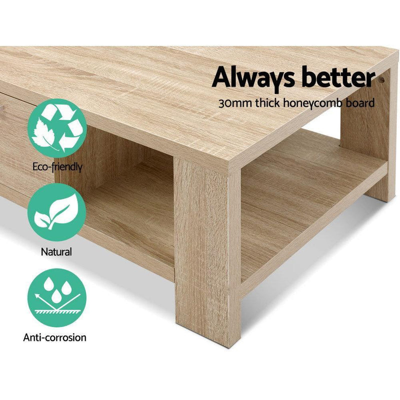 Artiss Coffee Table Wooden Shelf Storage Drawer Living Furniture Thick Tabletop - John Cootes