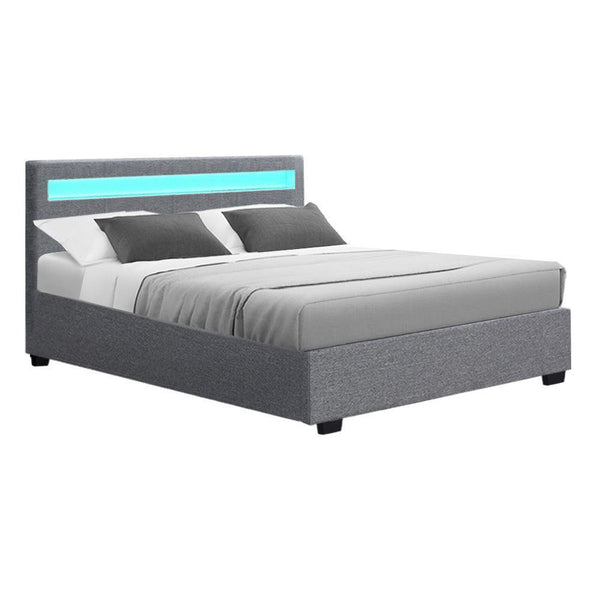 Artiss Cole LED Bed Frame Fabric Gas Lift Storage - Grey Double - John Cootes