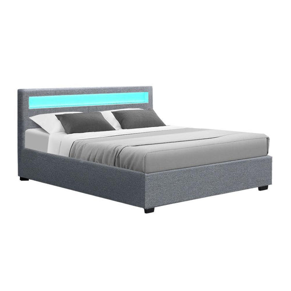 Artiss Cole LED Bed Frame Fabric Gas Lift Storage - Grey Queen - John Cootes