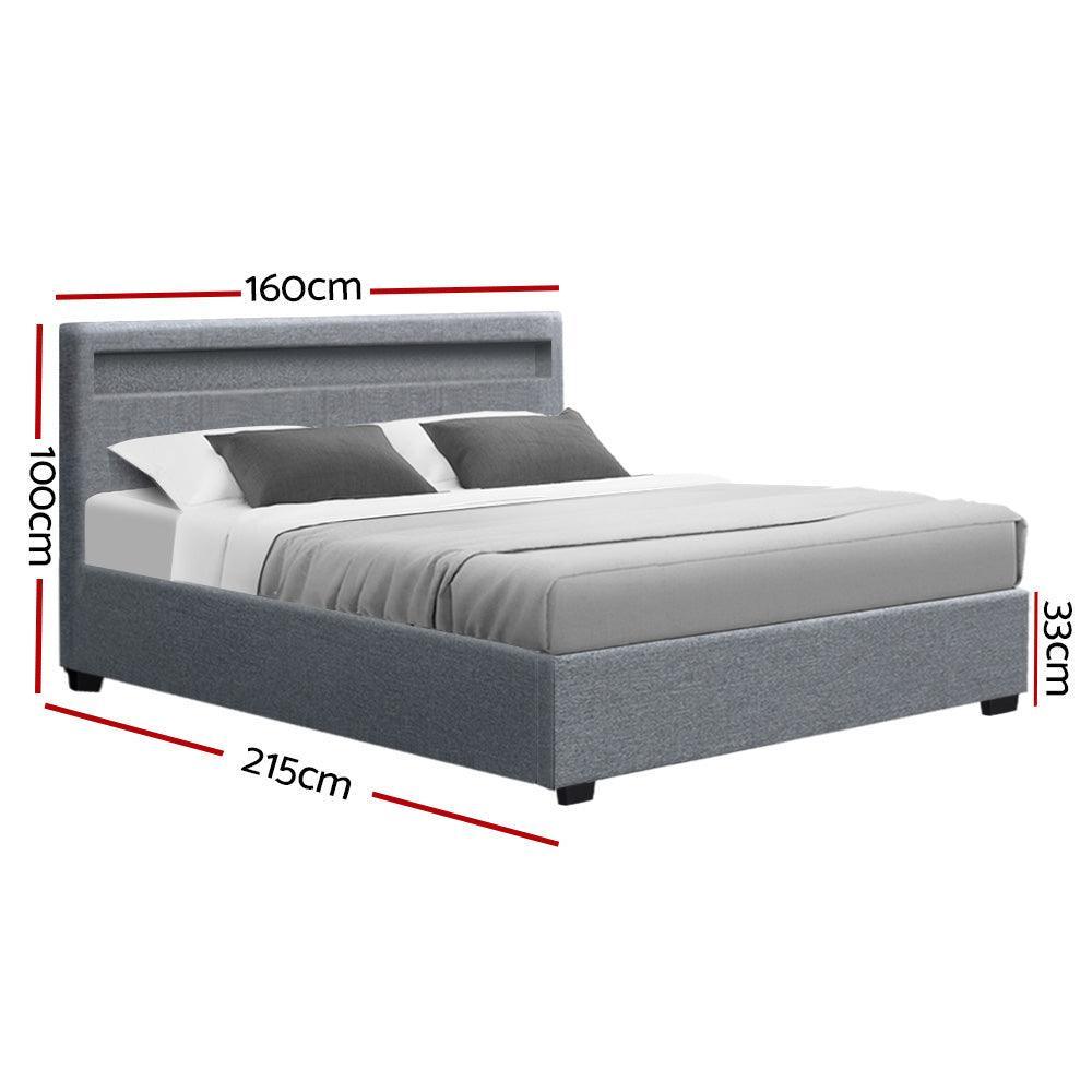 Artiss Cole LED Bed Frame Fabric Gas Lift Storage - Grey Queen - John Cootes