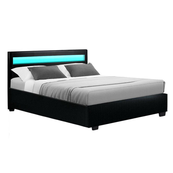 Artiss Cole LED Bed Frame PU Leather Gas Lift Storage - Black Double - John Cootes