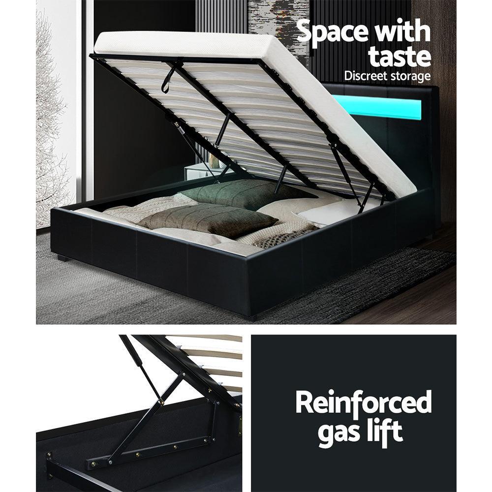 Artiss Cole LED Bed Frame PU Leather Gas Lift Storage - Black Double - John Cootes