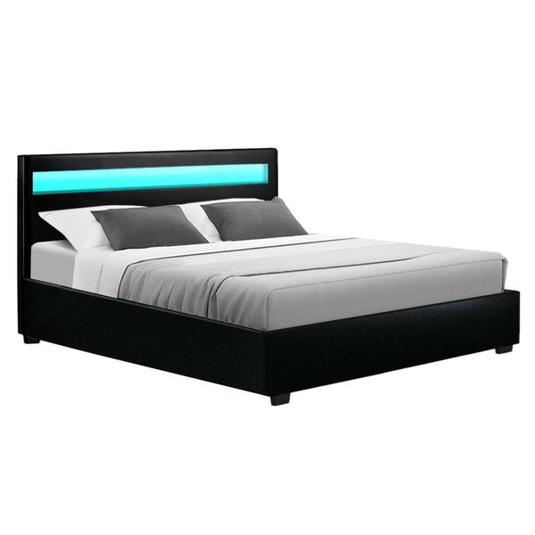 Artiss Cole LED Bed Frame PU Leather Gas Lift Storage - Black Queen - John Cootes