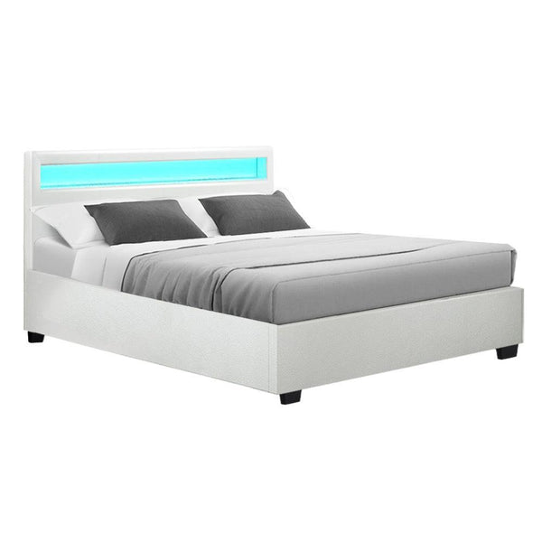 Artiss Cole LED Bed Frame PU Leather Gas Lift Storage - White Double - John Cootes