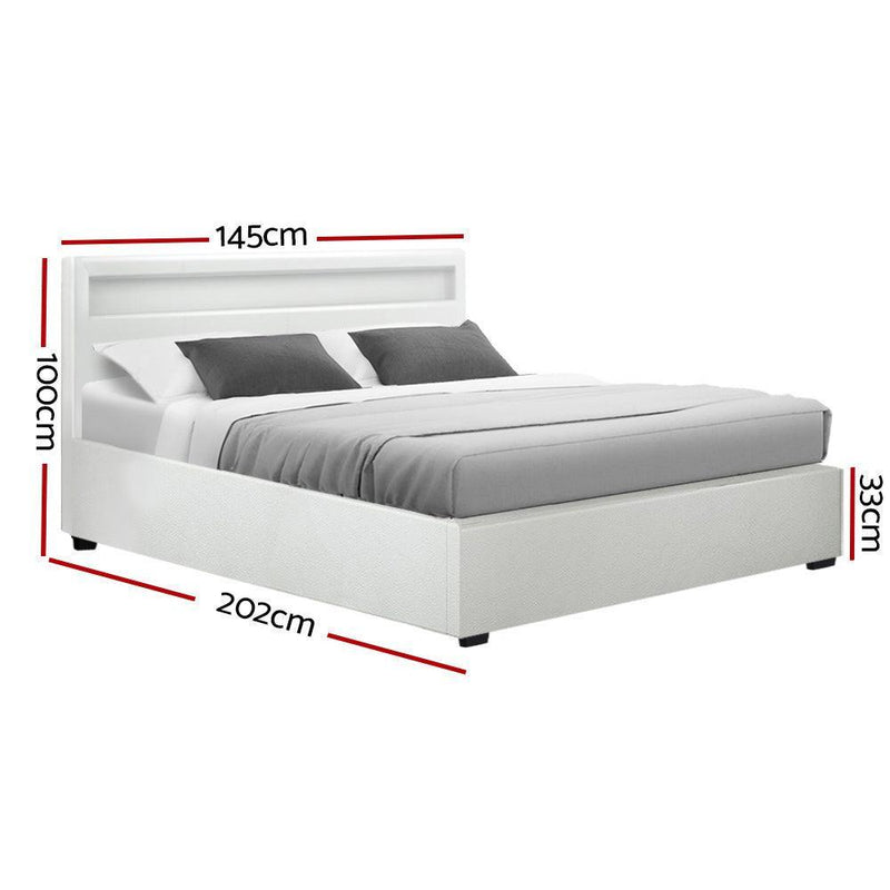 Artiss Cole LED Bed Frame PU Leather Gas Lift Storage - White Double - John Cootes