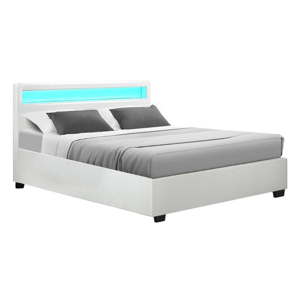 Artiss Cole LED Bed Frame PU Leather Gas Lift Storage - White Queen - John Cootes