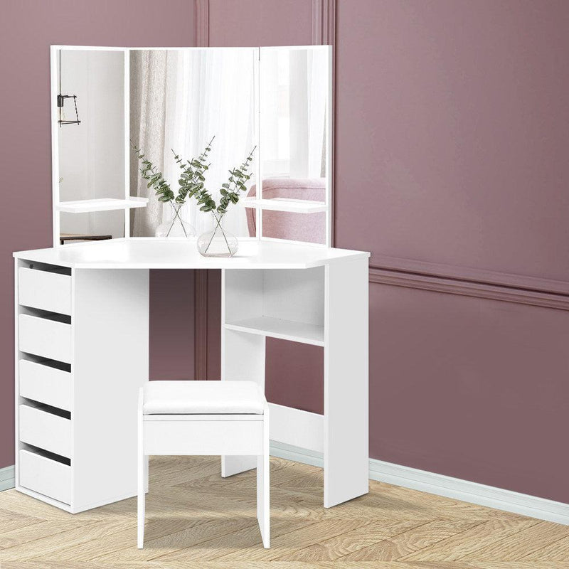 Artiss Corner Dressing Table With Mirror Stool White Mirrors Makeup Tables Chair - John Cootes