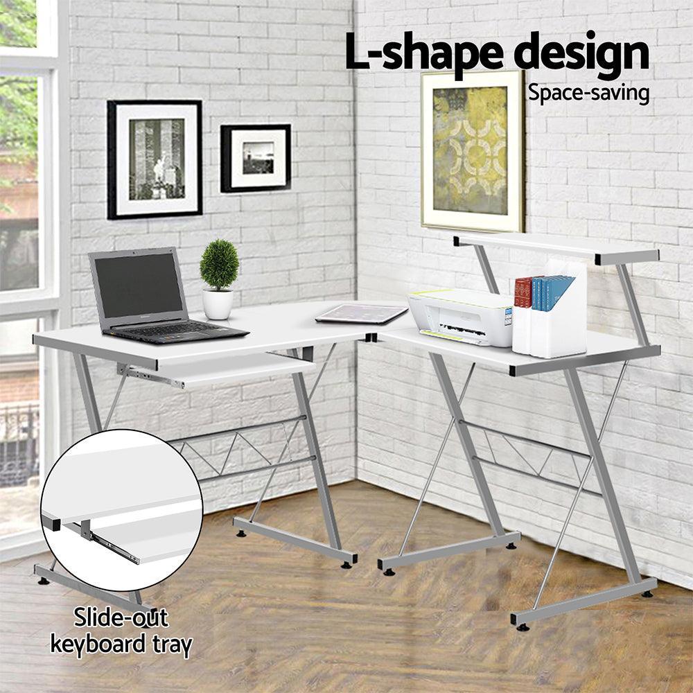 Artiss Corner Metal Pull Out Table Desk - White - John Cootes