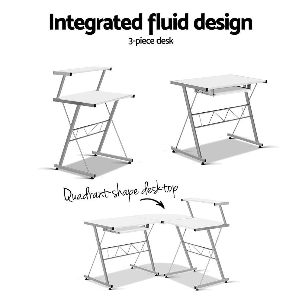 Artiss Corner Metal Pull Out Table Desk - White - John Cootes