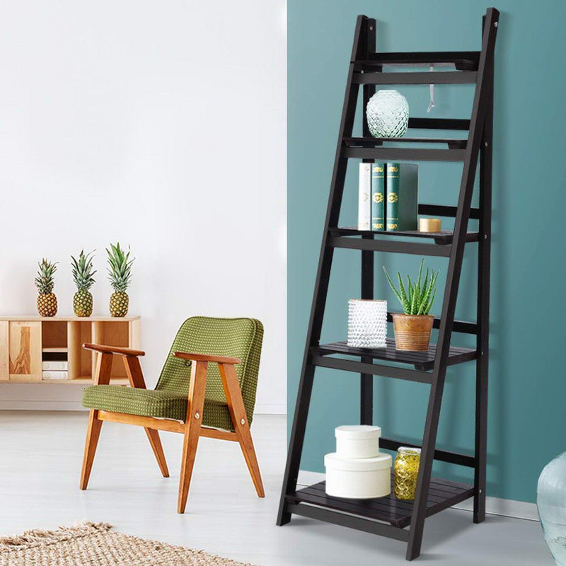 Artiss Display Shelf 5 Tier Wooden Ladder Stand Storage Book Shelves Rack Coffee - John Cootes