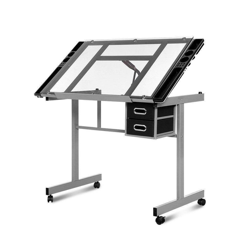 Artiss Drawing Desk Drafting Table Craft Adjustable Glass Art Tilt Drawers Grey - John Cootes