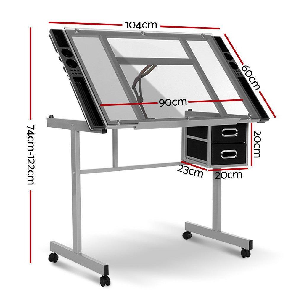 Artiss Drawing Desk Drafting Table Craft Adjustable Glass Art Tilt Drawers Grey - John Cootes