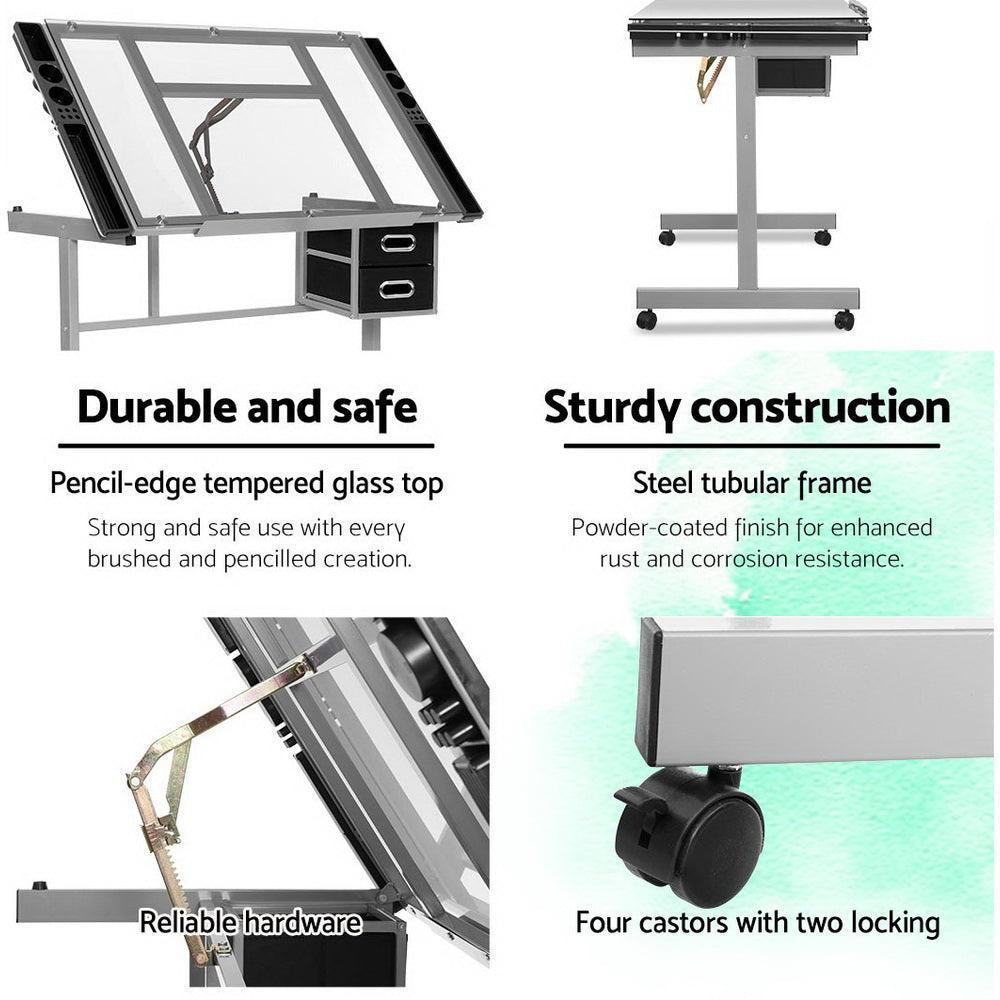 Artiss Drawing Desk Drafting Table Craft Adjustable Glass Art Tilt Drawers Grey - John Cootes