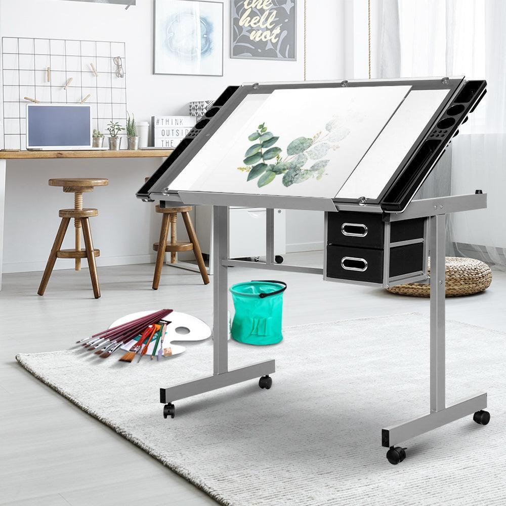 Artiss Drawing Desk Drafting Table Craft Adjustable Glass Art Tilt Drawers Grey - John Cootes