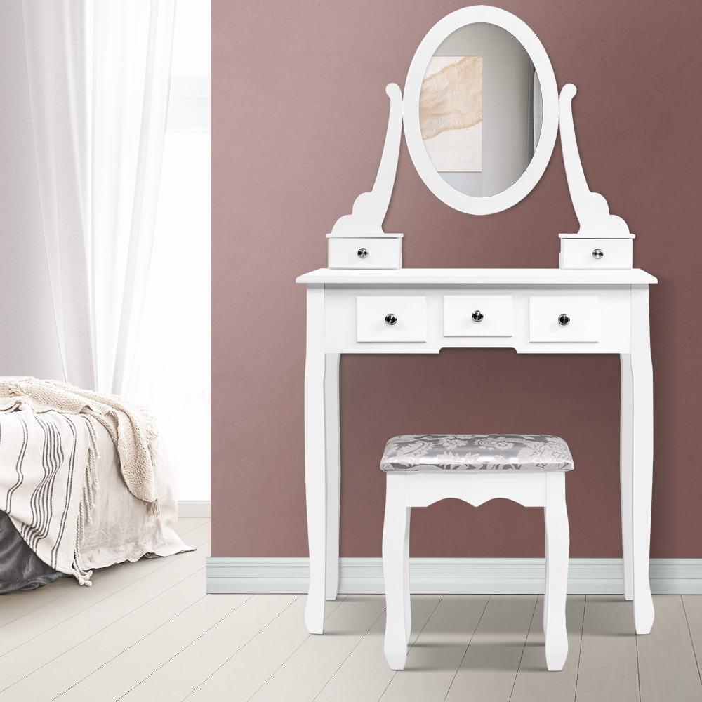 Artiss Dressing Table Stool Set Mirror Drawers Makeup Cabinet Storage Desk White - John Cootes