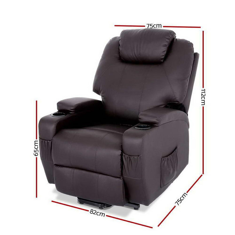 Artiss Electric Recliner Lift Chair Massage Armchair Heating PU Leather Brown - John Cootes
