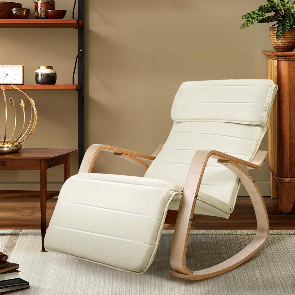 Artiss Fabric Rocking Armchair with Adjustable Footrest - Beige - John Cootes