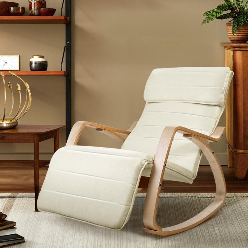 Artiss Fabric Rocking Armchair with Adjustable Footrest - Beige - John Cootes