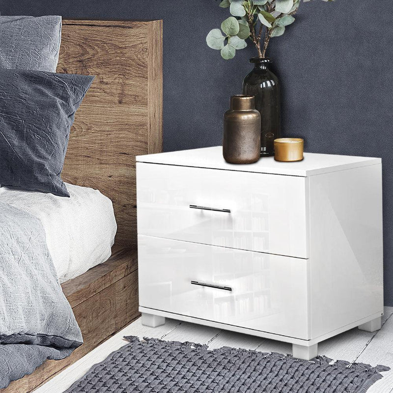 Artiss High Gloss Two Drawers Bedside Table - White - John Cootes