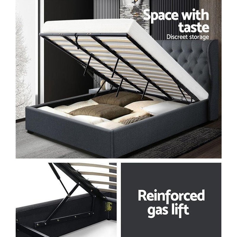 Artiss Issa Bed Frame Fabric Gas Lift Storage - Charcoal King - John Cootes