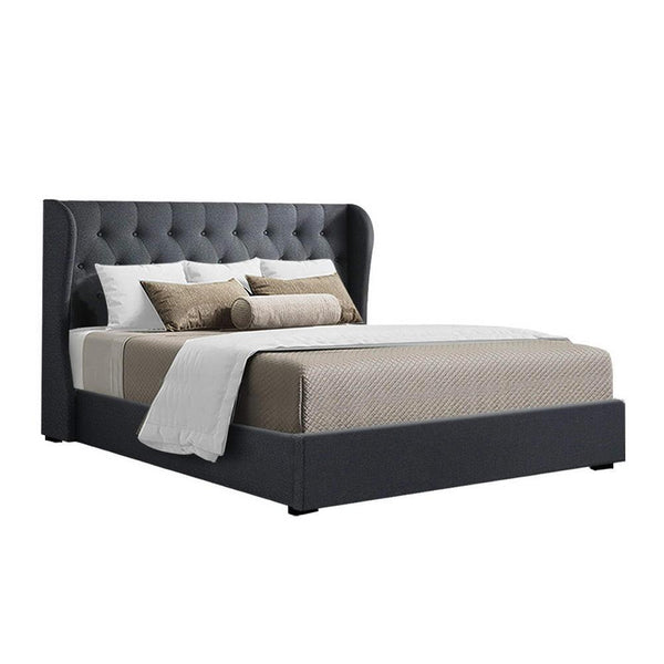 Artiss Issa Bed Frame Fabric Gas Lift Storage - Charcoal Queen - John Cootes