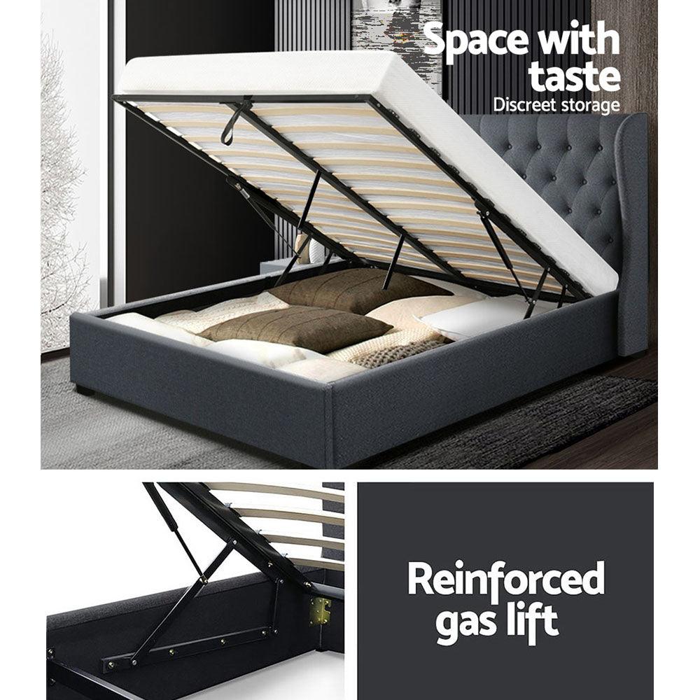 Artiss Issa Bed Frame Fabric Gas Lift Storage - Charcoal Queen - John Cootes