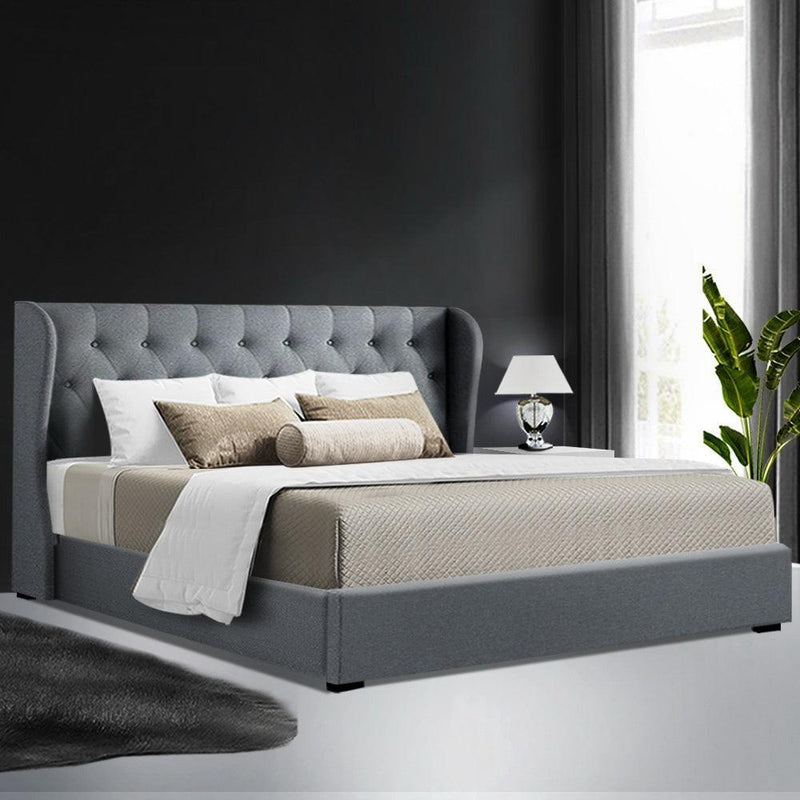 Artiss Issa Bed Frame Fabric Gas Lift Storage - Grey King - John Cootes