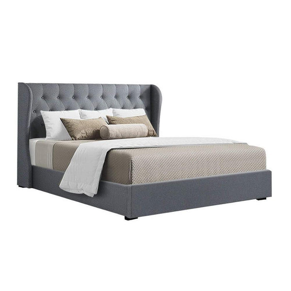 Artiss Issa Bed Frame Fabric Gas Lift Storage - Grey Queen - John Cootes