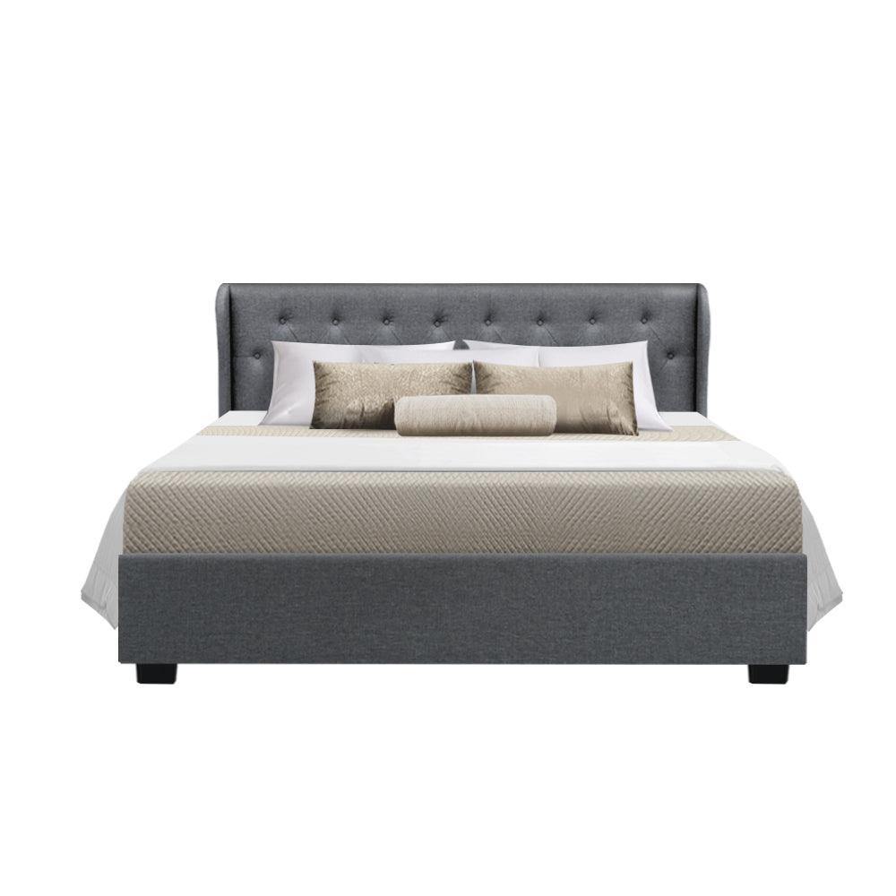 Artiss Issa Bed Frame Fabric Gas Lift Storage - Grey Queen - John Cootes