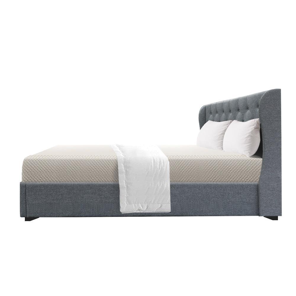 Artiss Issa Bed Frame Fabric Gas Lift Storage - Grey Queen - John Cootes