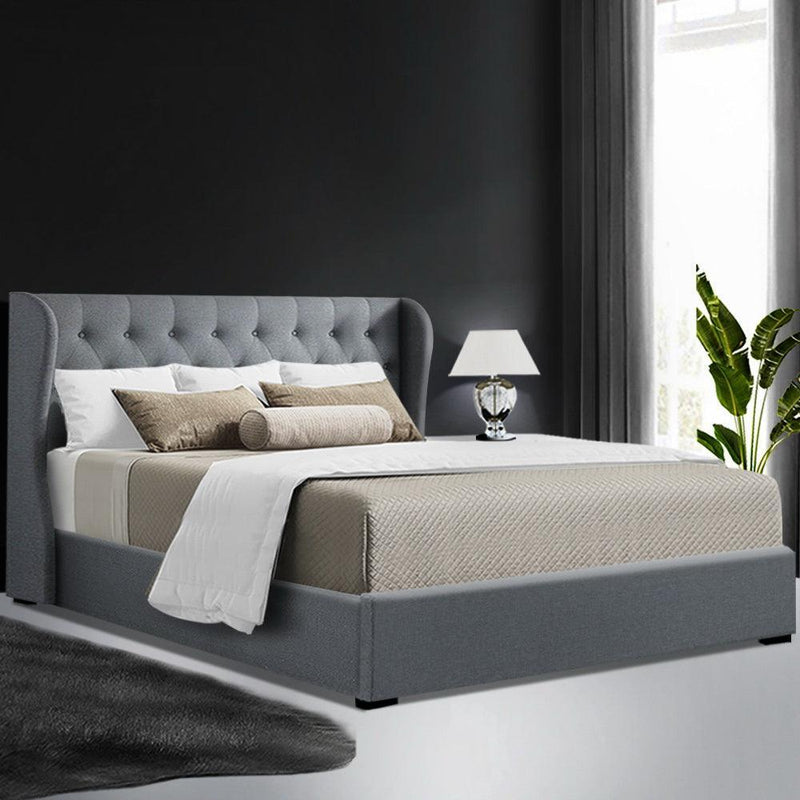 Artiss Issa Bed Frame Fabric Gas Lift Storage - Grey Queen - John Cootes