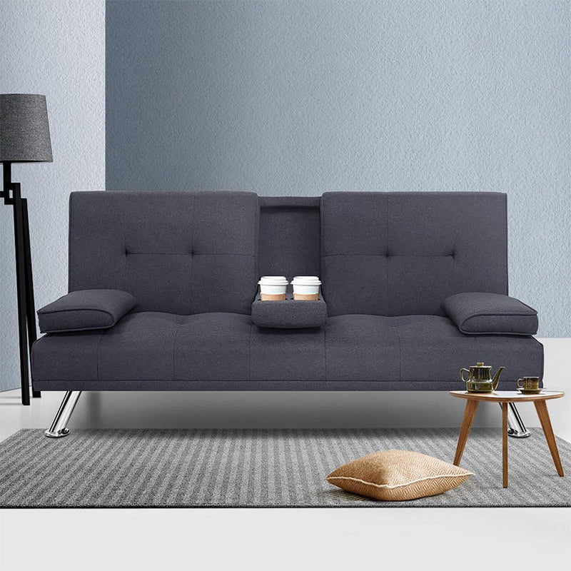 Artiss Linen Fabric 3 Seater Sofa Bed Recliner Lounge Couch Cup Holder Futon Dark Grey - John Cootes
