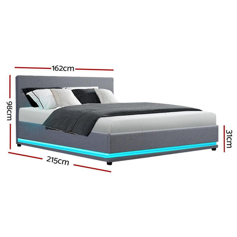 Artiss Lumi LED Bed Frame Fabric Gas Lift Storage - Grey Queen - John Cootes