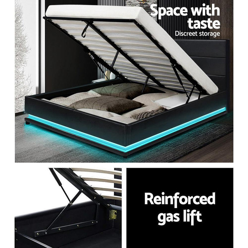 Artiss Lumi LED Bed Frame PU Leather Gas Lift Storage - Black Double - John Cootes