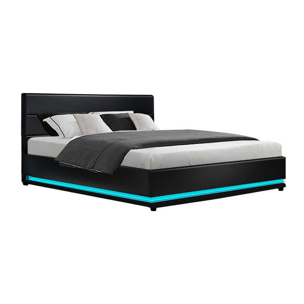 Artiss Lumi LED Bed Frame PU Leather Gas Lift Storage - Black King - John Cootes