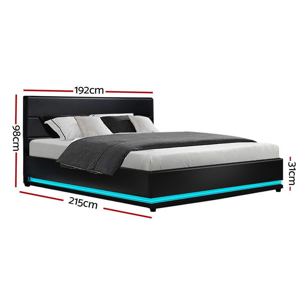 Artiss Lumi LED Bed Frame PU Leather Gas Lift Storage - Black King - John Cootes