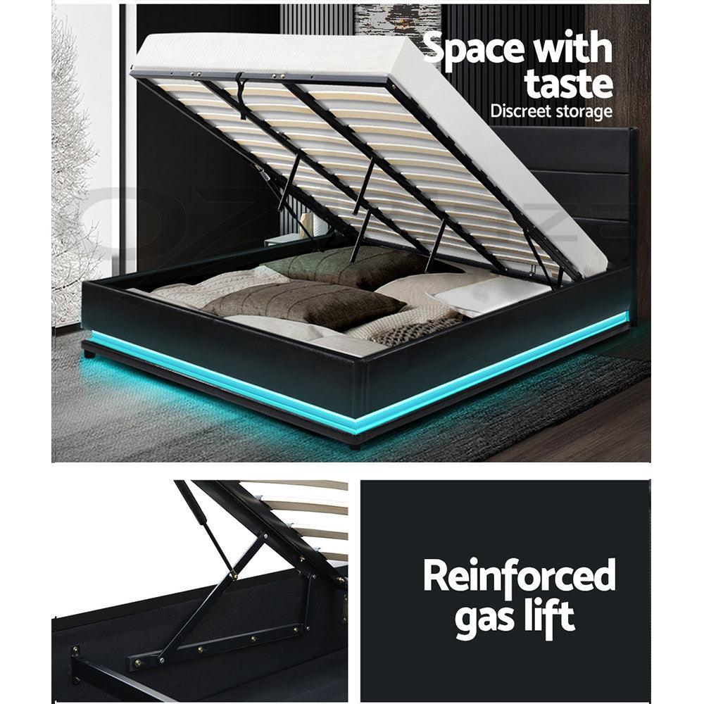 Artiss Lumi LED Bed Frame PU Leather Gas Lift Storage - Black King - John Cootes