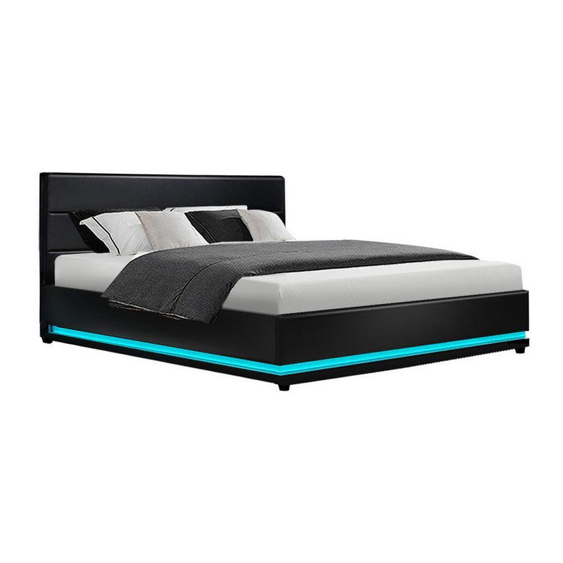 Artiss Lumi LED Bed Frame PU Leather Gas Lift Storage - Black Queen - John Cootes