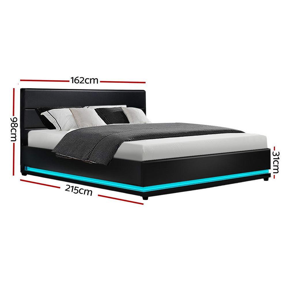 Artiss Lumi LED Bed Frame PU Leather Gas Lift Storage - Black Queen - John Cootes