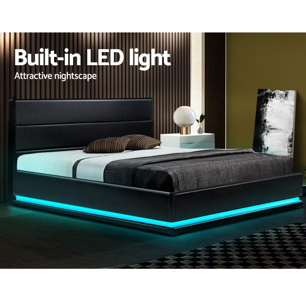 Artiss Lumi LED Bed Frame PU Leather Gas Lift Storage - Black Queen - John Cootes