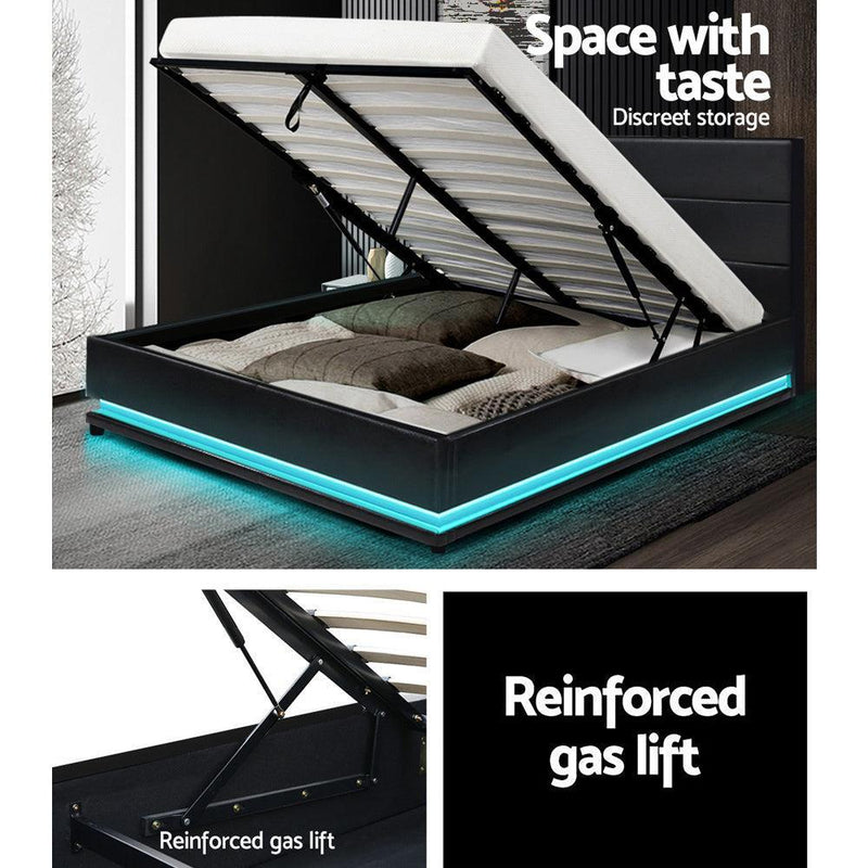 Artiss Lumi LED Bed Frame PU Leather Gas Lift Storage - Black Queen - John Cootes