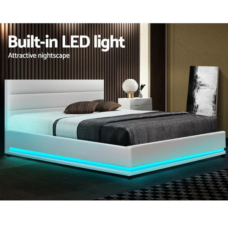 Artiss Lumi LED Bed Frame PU Leather Gas Lift Storage - White Double - John Cootes