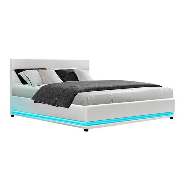 Artiss Lumi LED Bed Frame PU Leather Gas Lift Storage - White Queen - John Cootes