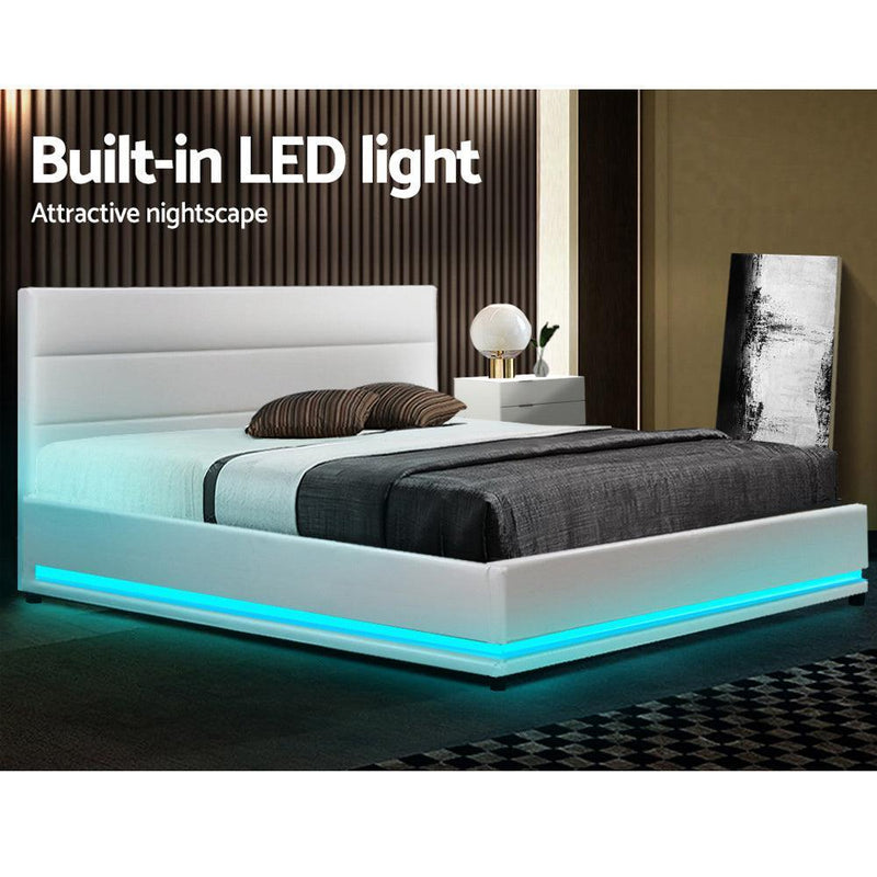Artiss Lumi LED Bed Frame PU Leather Gas Lift Storage - White Queen - John Cootes