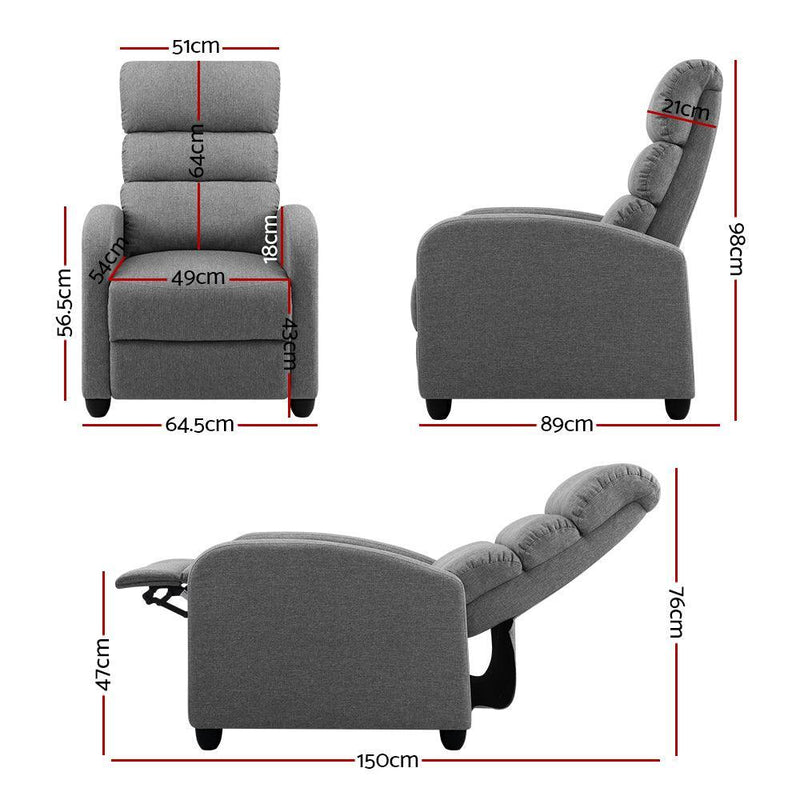 Artiss Luxury Recliner Chair Chairs Lounge Armchair Sofa Fabric Cover Grey - John Cootes